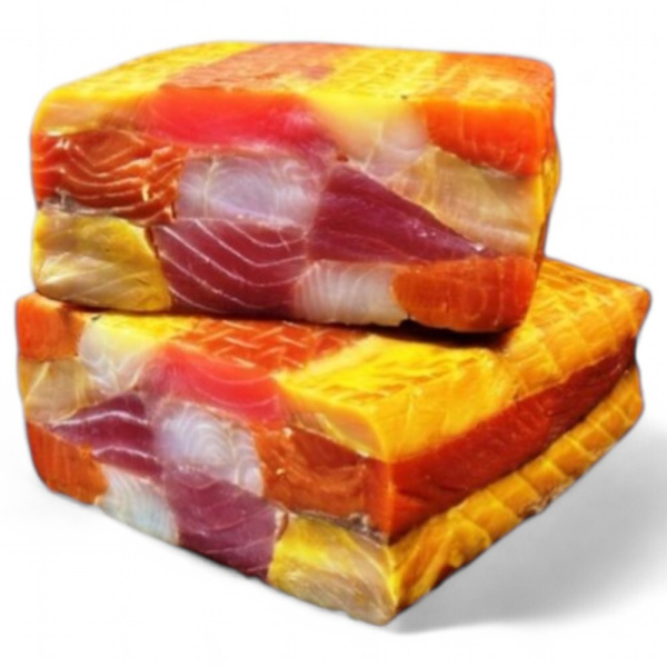 Рулет шахматный х/к в/у 500гр вес (форель масляная тунец нерка)